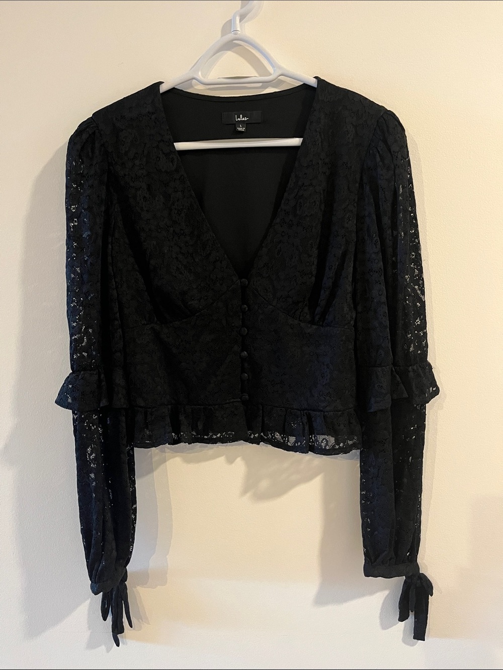 Lulu's Black Lace Ruffled V-Neck Button-Front Blouse